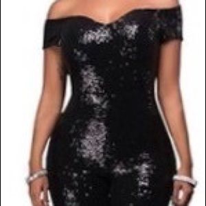 Black Sequins Off Shoulder Jumpsuit